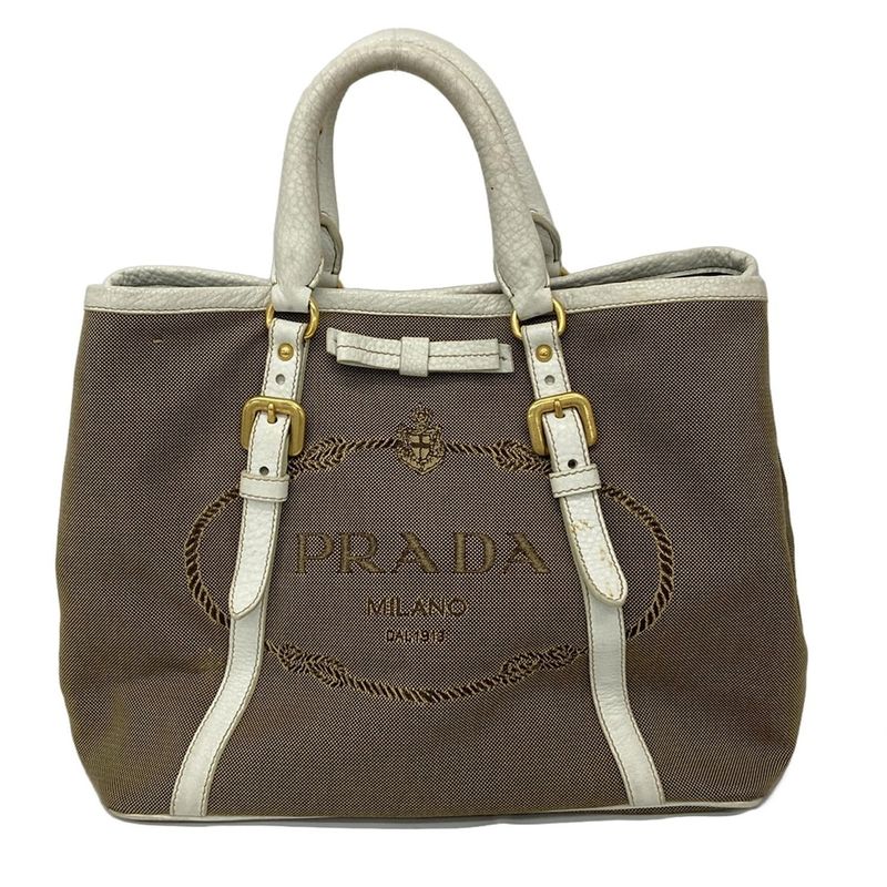 Prada Tote Bag Logo Jacquard Bn1841 Khaki X White Leather Tag Leather
