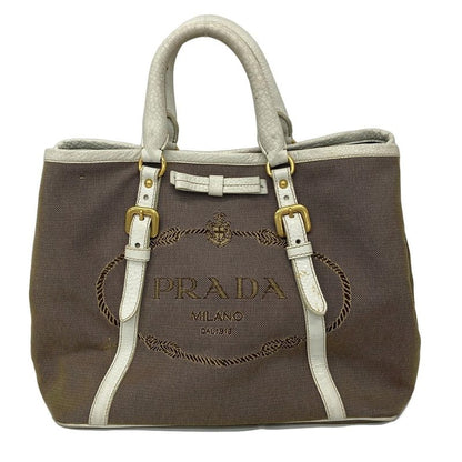 Prada Tote Bag Logo Jacquard Bn1841 Khaki X White Leather Tag Leather