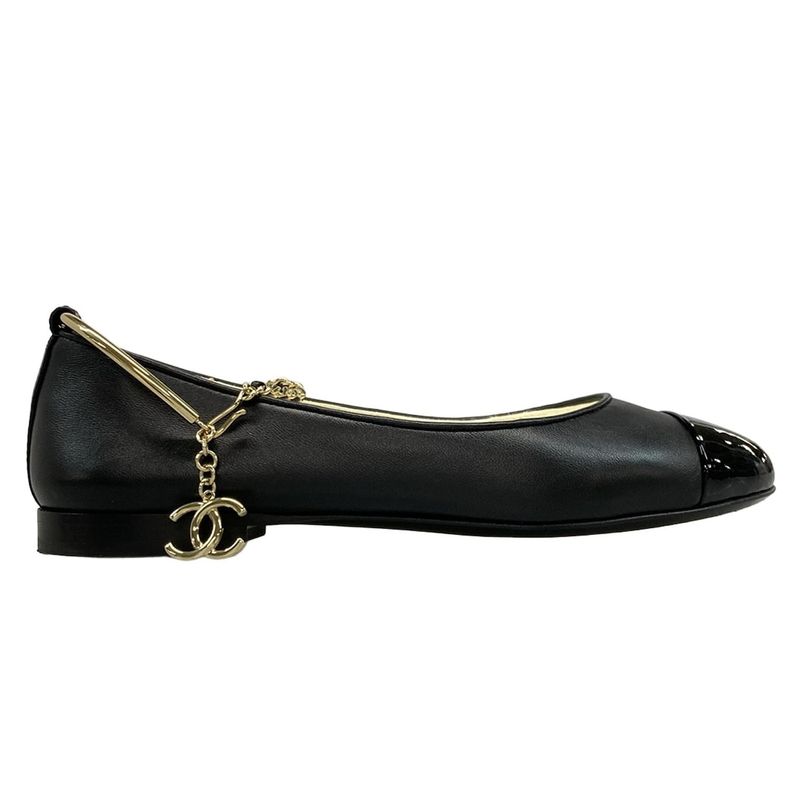 Chanel Flat Shoes 35 C Women's Ballerina G38986 Black Camellia Gold Hardware