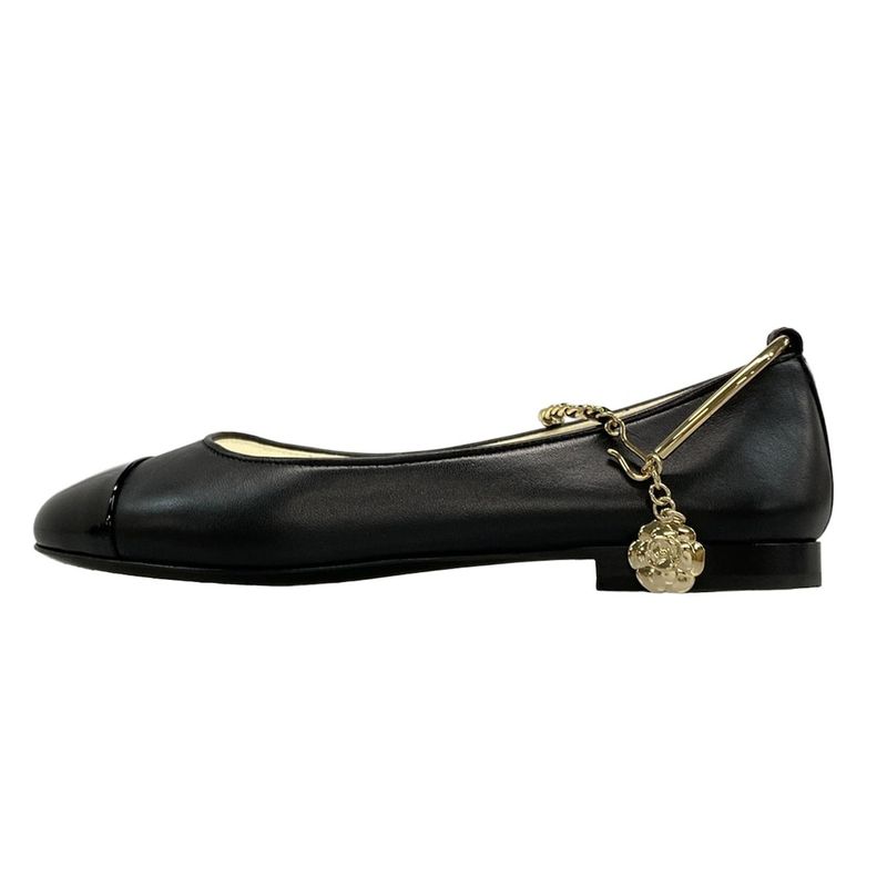 Chanel Flat Shoes 35 C Women's Ballerina G38986 Black Camellia Gold Hardware