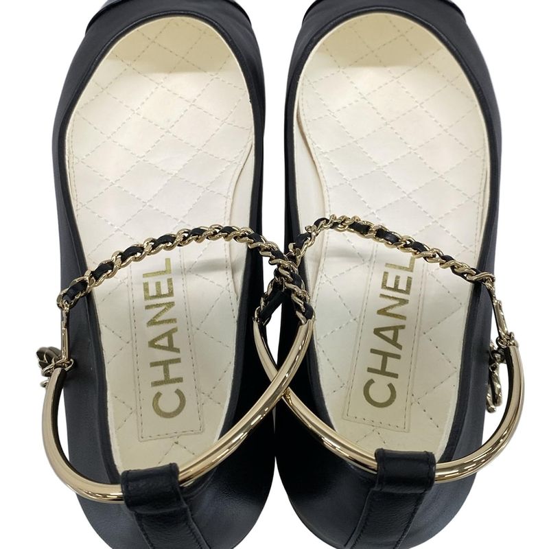 Chanel Flat Shoes 35 C Women's Ballerina G38986 Black Camellia Gold Hardware