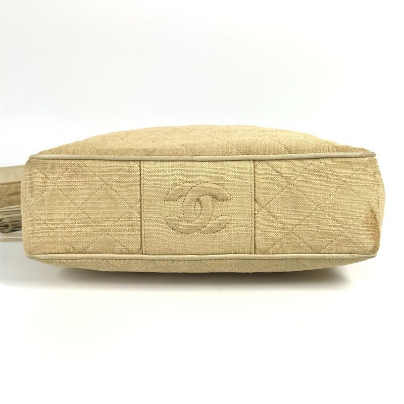 Chanel Shoulder Bag Logo Matelasse Quilted Fringe Tassel Canvas Beige