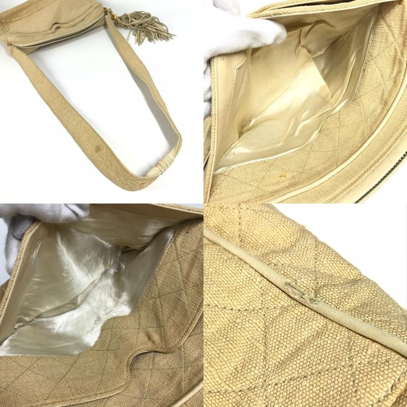 Chanel Shoulder Bag Logo Matelasse Quilted Fringe Tassel Canvas Beige