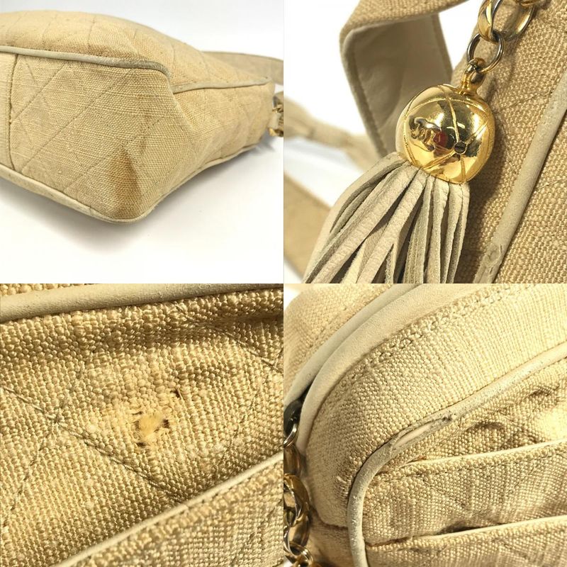 Chanel Shoulder Bag Logo Matelasse Quilted Fringe Tassel Canvas Beige