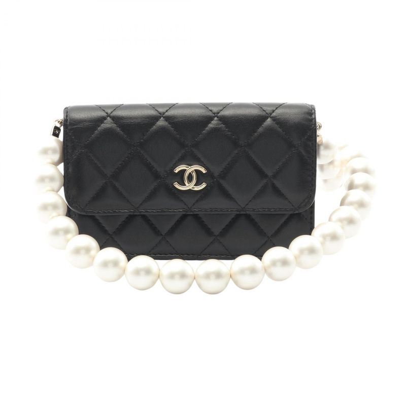 Chanel Shoulder Bag Matelasse Pearl Chain Ap1838 Black Lambskin (sheep Leather)