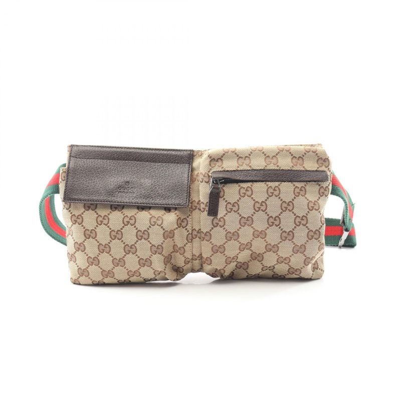 Gucci Waist Bag Body Bag 28566 Beige Dark Brown Canvas Leather Waist Bag Unisex