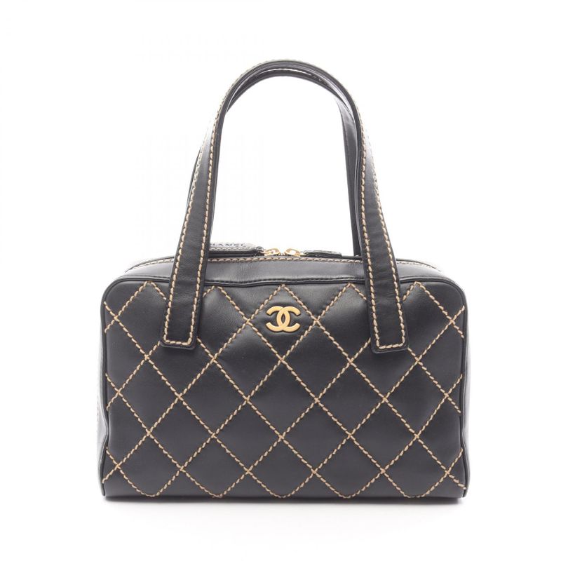 Chanel Handbag Wild Stitch Black Leather Wild Stitch Tote Bag Women's Used A