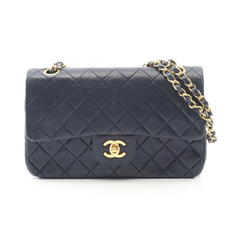 Chanel Shoulder Bag Matelasse W Flap Navy Lambskin Matelasse Double Flap Chain