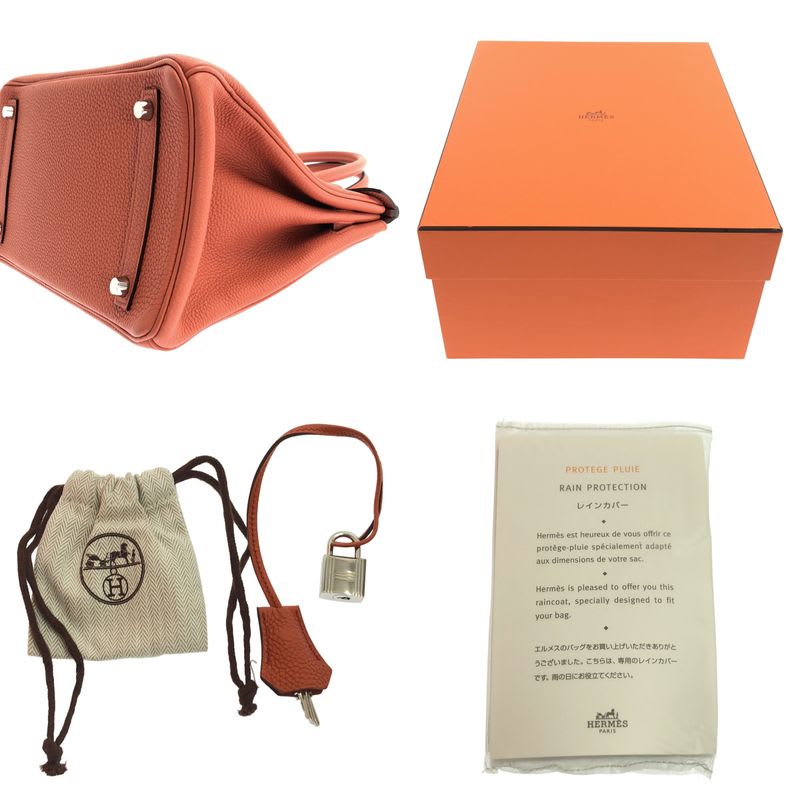 Hermes Birkin 30 Togo Leather Handbag Engraved Silver Hardware Orange