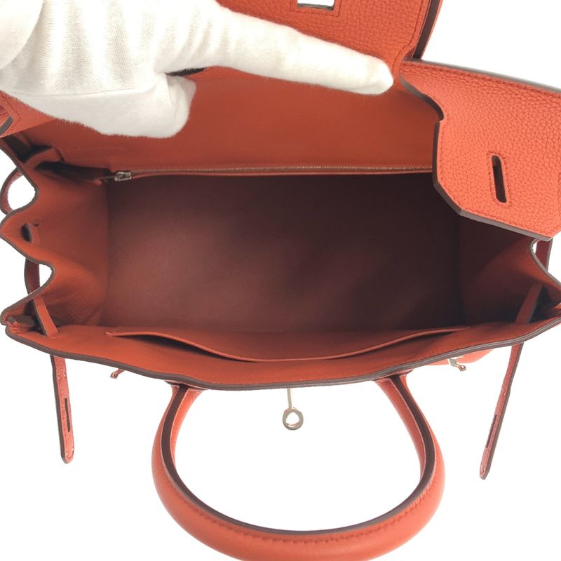 Hermes Birkin 30 Togo Leather Handbag Engraved Silver Hardware Orange