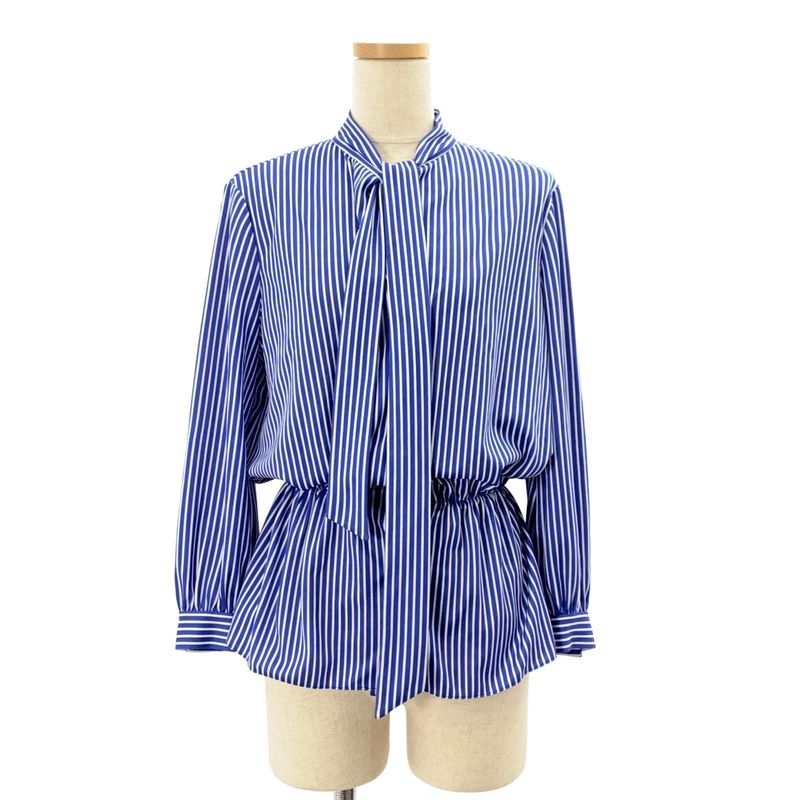 Balenciaga | Striped Tie Gathered Blouse Shirt | 34 | Blue White | Ladies