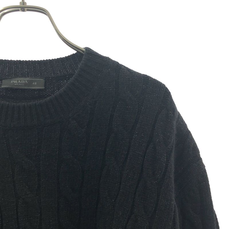 Prada 2022 AW Triangle Logo Wool Cable Lame Crew Neck Knit 48 Black