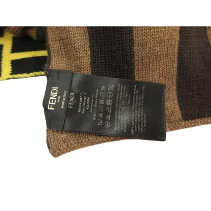Fendi Knit Scarf Shawl Zucca Pattern Stripe Switch Yellow Brown Wool