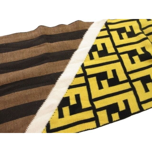 Fendi Knit Scarf Shawl Zucca Pattern Stripe Switch Yellow Brown Wool