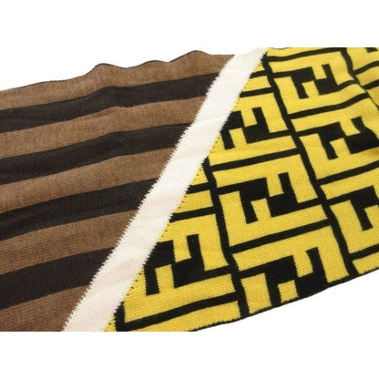 Fendi Knit Scarf Shawl Zucca Pattern Stripe Switch Yellow Brown Wool