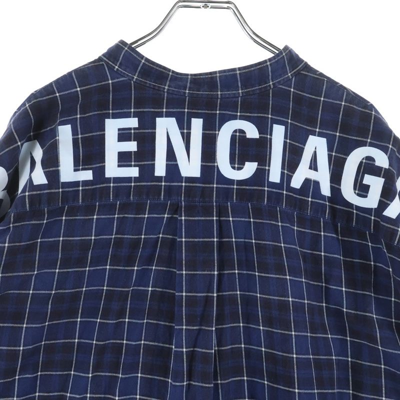 Balenciaga Back Logo Print Plaid Bowtie New Swing Long Sleeve Shirt Blue 520497