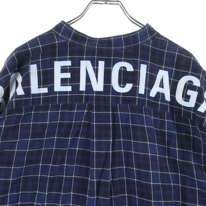 Balenciaga Back Logo Print Plaid Bowtie New Swing Long Sleeve Shirt Blue 520497