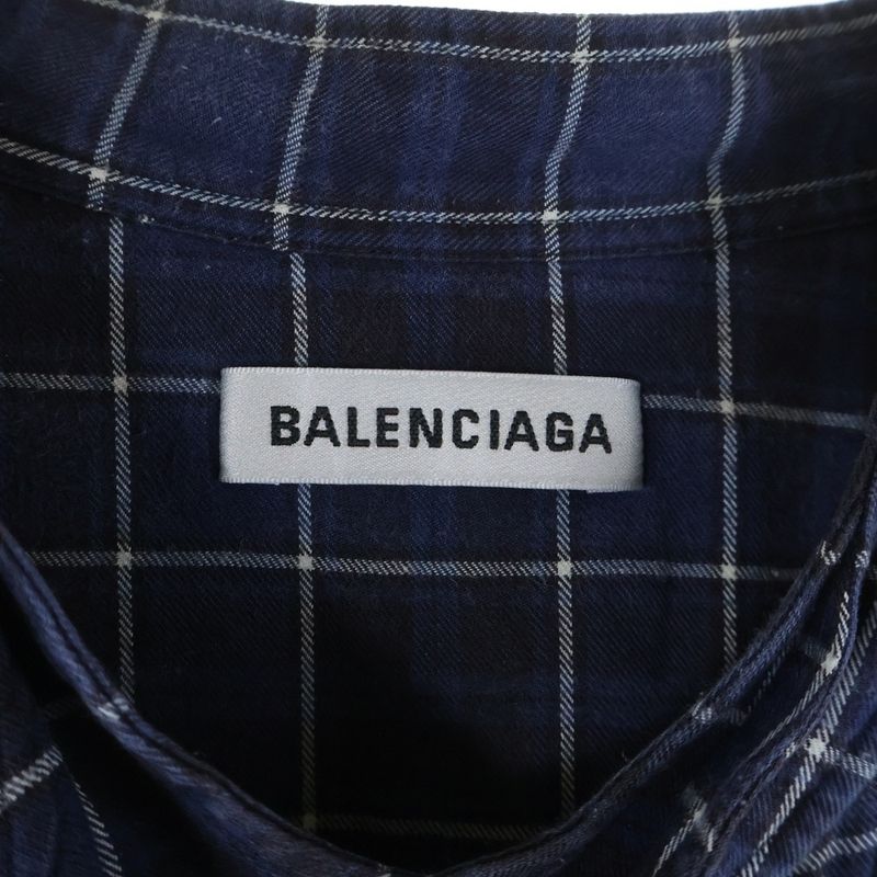 Balenciaga Back Logo Print Plaid Bowtie New Swing Long Sleeve Shirt Blue 520497