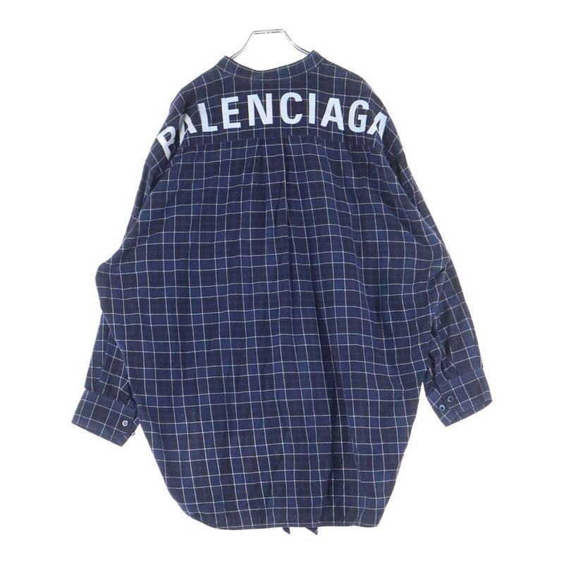 Balenciaga Back Logo Print Plaid Bowtie New Swing Long Sleeve Shirt Blue 520497