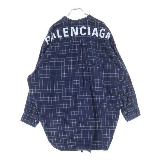 Balenciaga Back Logo Print Plaid Bowtie New Swing Long Sleeve Shirt Blue 520497