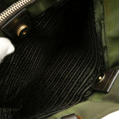 Prada Tessuto Tote Nylon Leather Shoulder Handbag Khaki Green