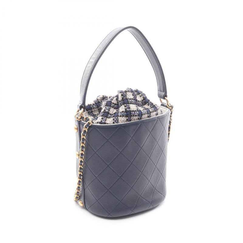 Chanel Shoulder Bag Quilted Small Bucket Navy Leather Fabric