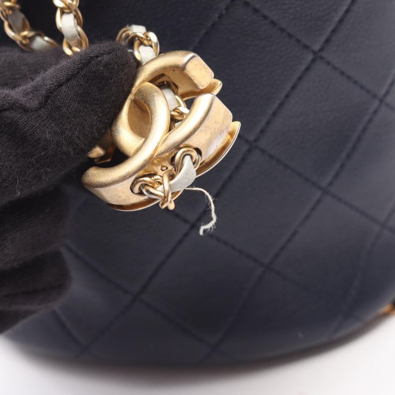 Chanel Shoulder Bag Quilted Small Bucket Navy Leather Fabric