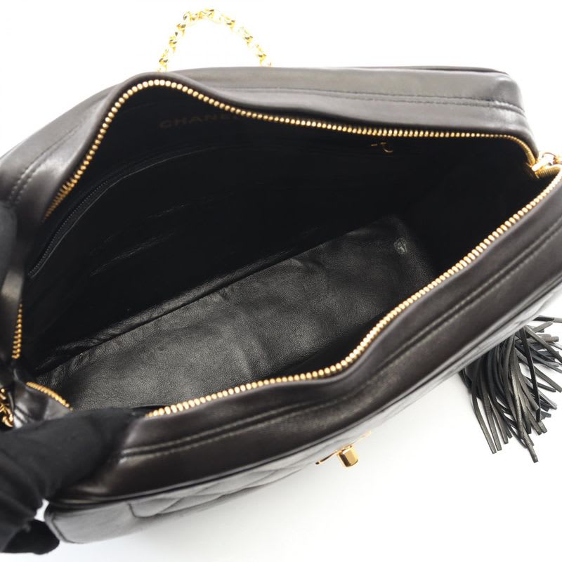 Chanel Shoulder Bag Quilted Diana Flap Black Lambskin Fringe
