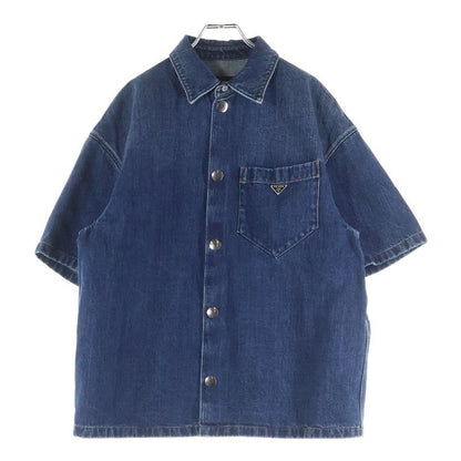 Prada Triangle Logo Plate Denim Short Sleeve Shirt Indigo Gec067