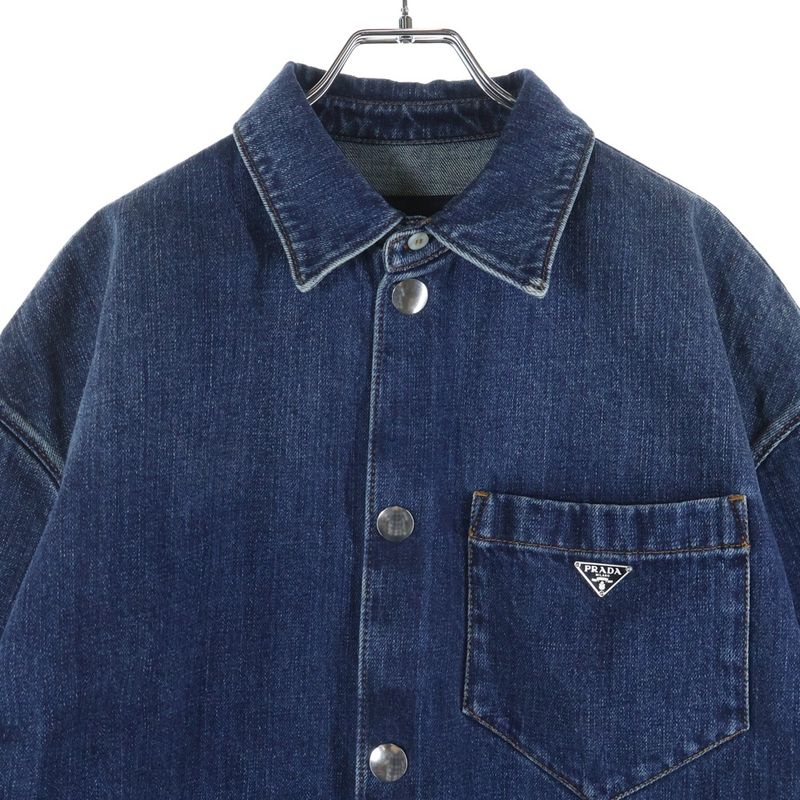 Prada Triangle Logo Plate Denim Short Sleeve Shirt Indigo Gec067