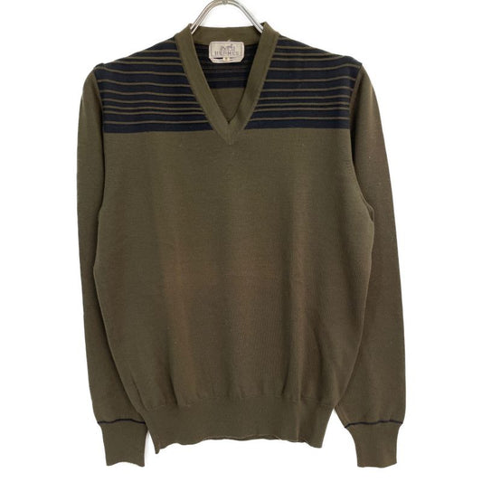 Hermes Khaki Shoulder Border V-neck Sweater S