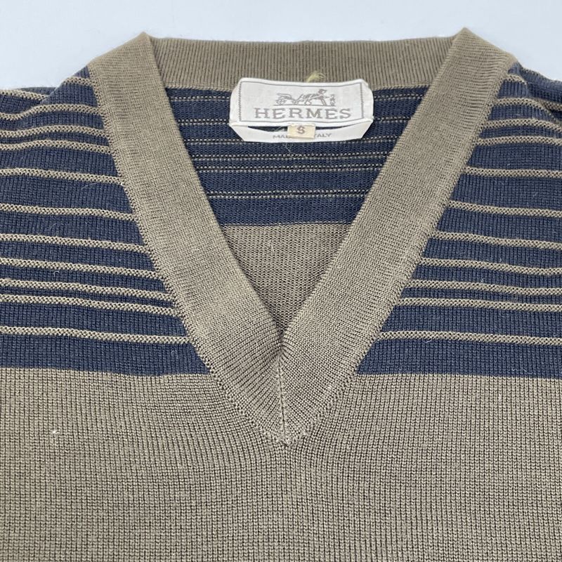 Hermes Khaki Shoulder Border V-neck Sweater S