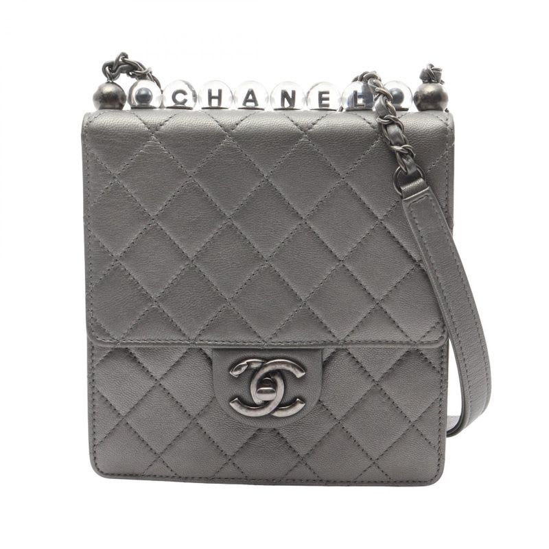 Chanel Shoulder Bag Matelasse Silver Gray Leather Matelasse Chain Shoulder