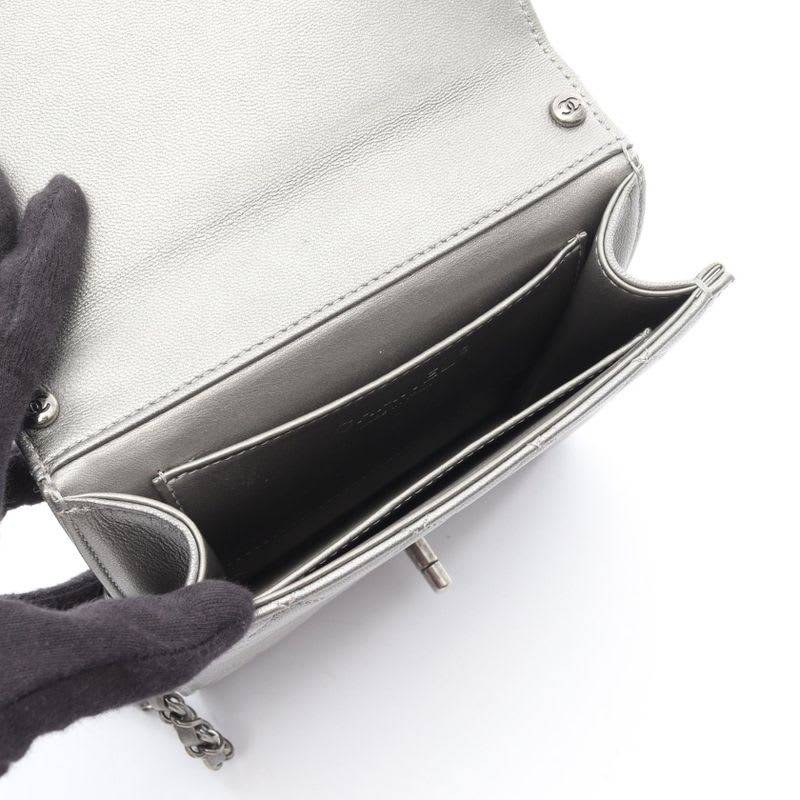 Chanel Shoulder Bag Matelasse Silver Gray Leather Matelasse Chain Shoulder