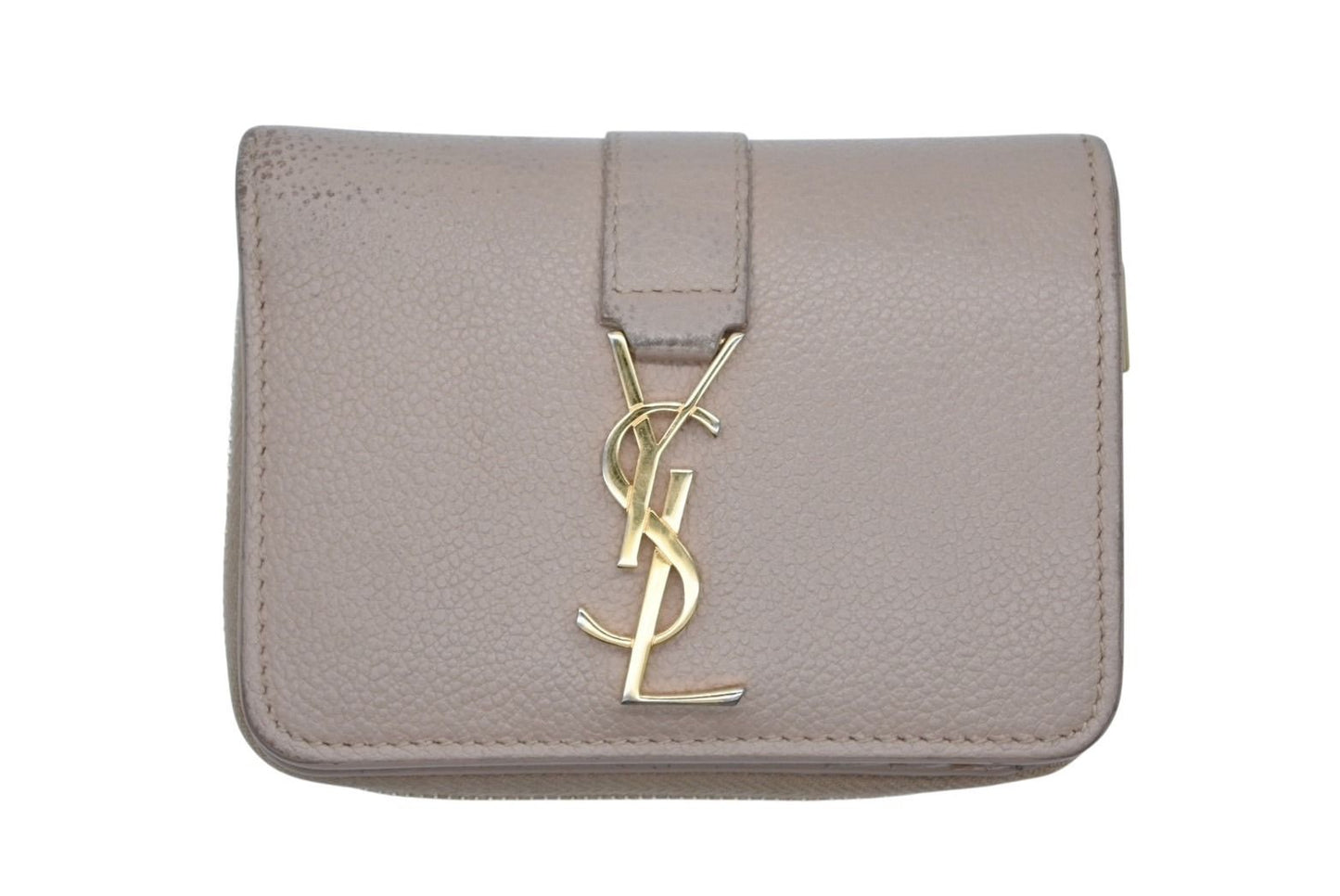 Saint Laurent Cassandra Zip Wallet Bifold Gray de Poudre Leather Beige Gold