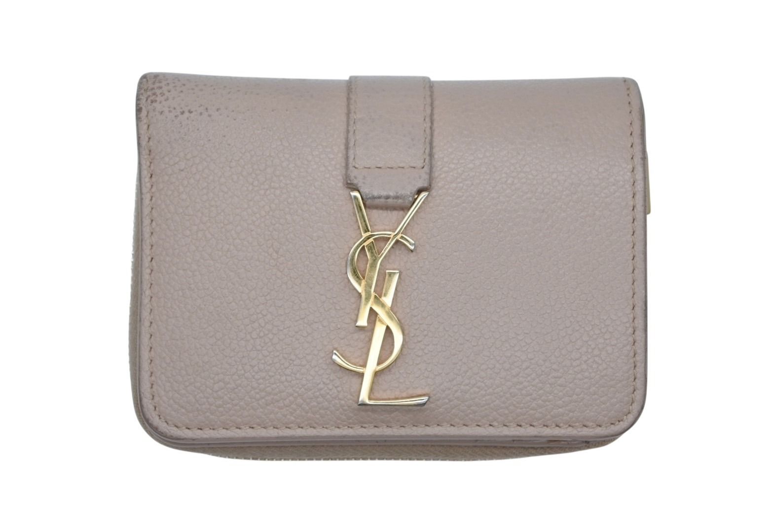 Saint Laurent Cassandra Zip Wallet Bifold Gray de Poudre Leather Beige Gold
