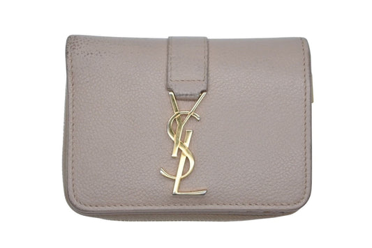 Saint Laurent Cassandra Zip Wallet Bifold Gray de Poudre Leather Beige Gold