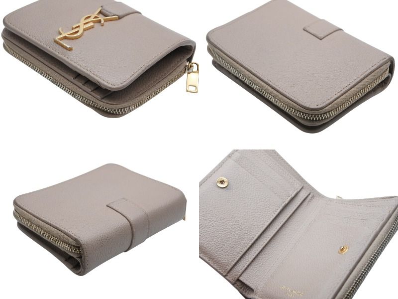 Saint Laurent Cassandra Zip Wallet Bifold Gray de Poudre Leather Beige Gold — view 8