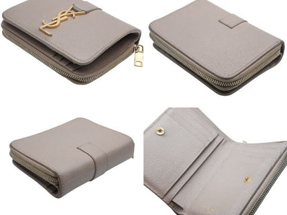 Saint Laurent Cassandra Zip Wallet Bifold Gray de Poudre Leather Beige Gold — view 8