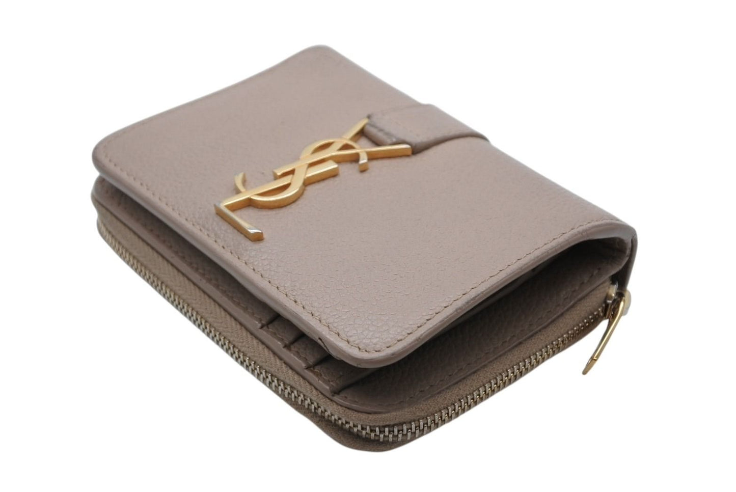 Saint Laurent Cassandra Zip Wallet Bifold Gray de Poudre Leather Beige Gold — view 3