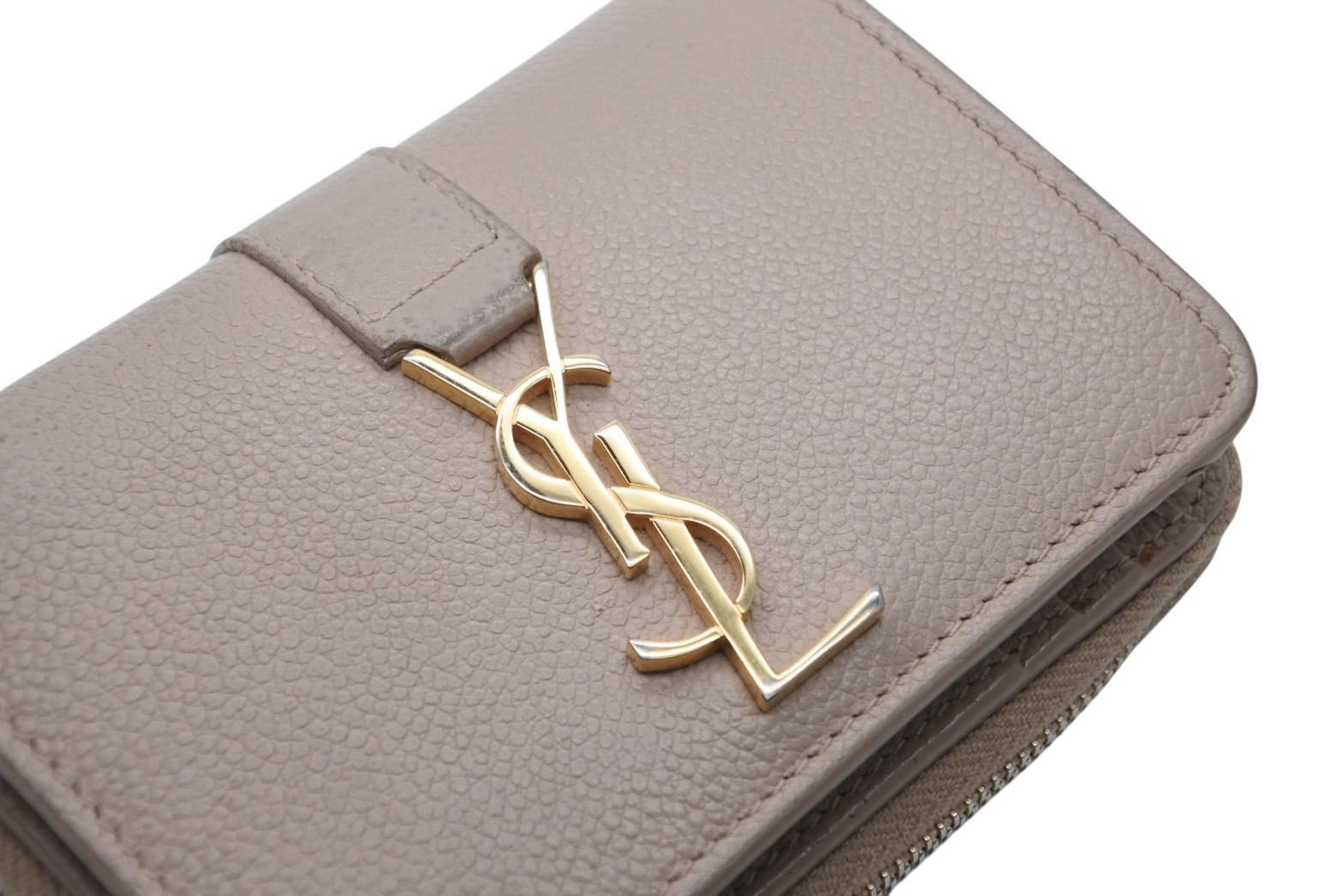 Saint Laurent Cassandra Zip Wallet Bifold Gray de Poudre Leather Beige Gold — view 4