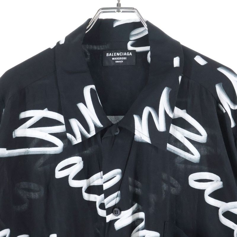 Balenciaga 23AW Allover Logo Silk Short Sleeve Shirt Black White 681813