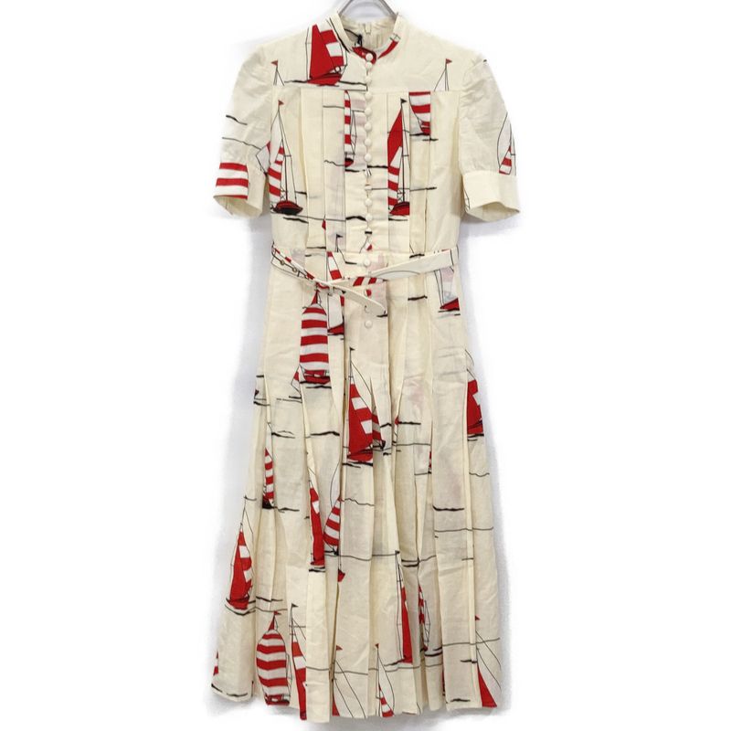 Gucci 654450 21ss Beige Cotton Linen Yacht Pattern Bow Type Pleat Dress 38