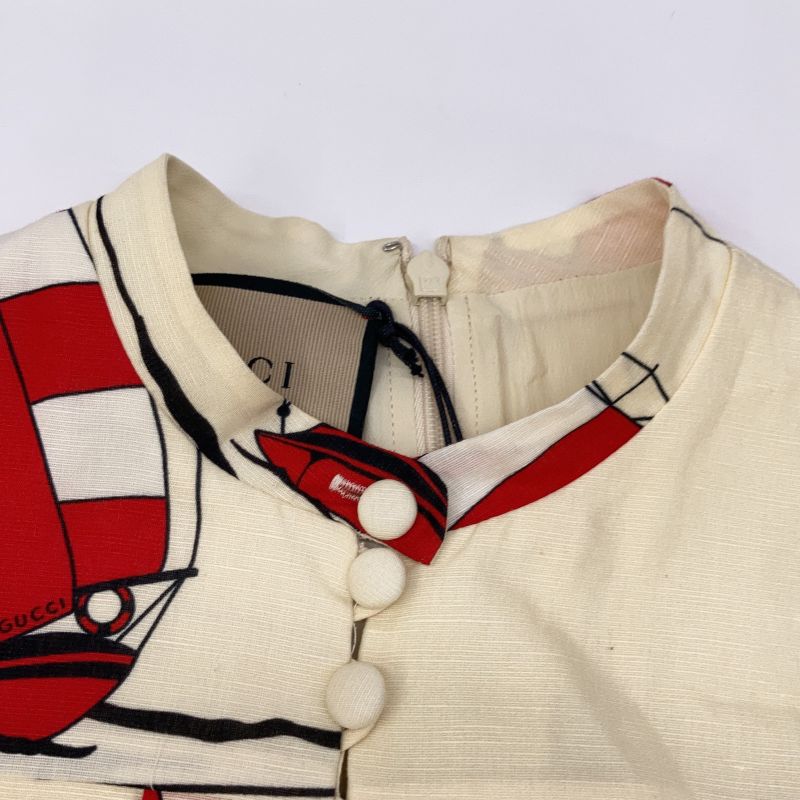 Gucci 654450 21ss Beige Cotton Linen Yacht Pattern Bow Type Pleat Dress 38
