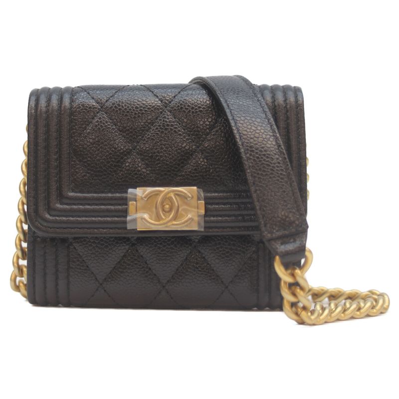 Chanel Ap2206 Black Cavia Ghardware Beautiful Chain Wallet