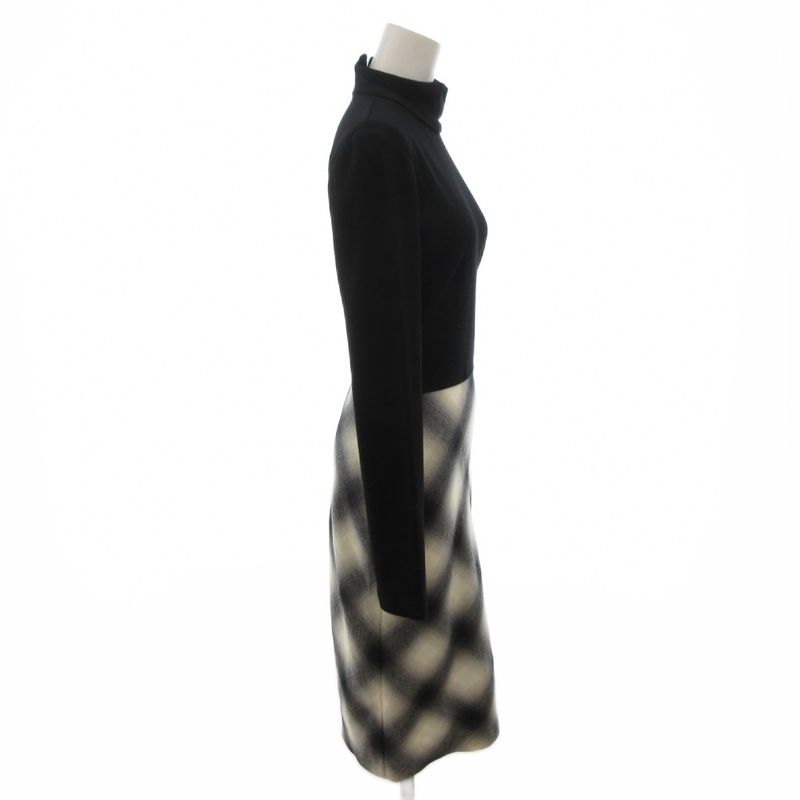 Gucci Dress Wool XS Black Gray High Neck Long Sleeve Long Plaid Switch Ff