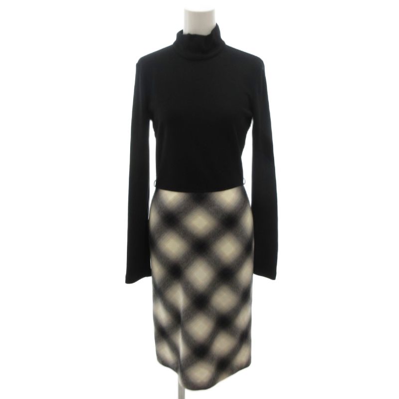 Gucci Dress Wool XS Black Gray High Neck Long Sleeve Long Plaid Switch Ff