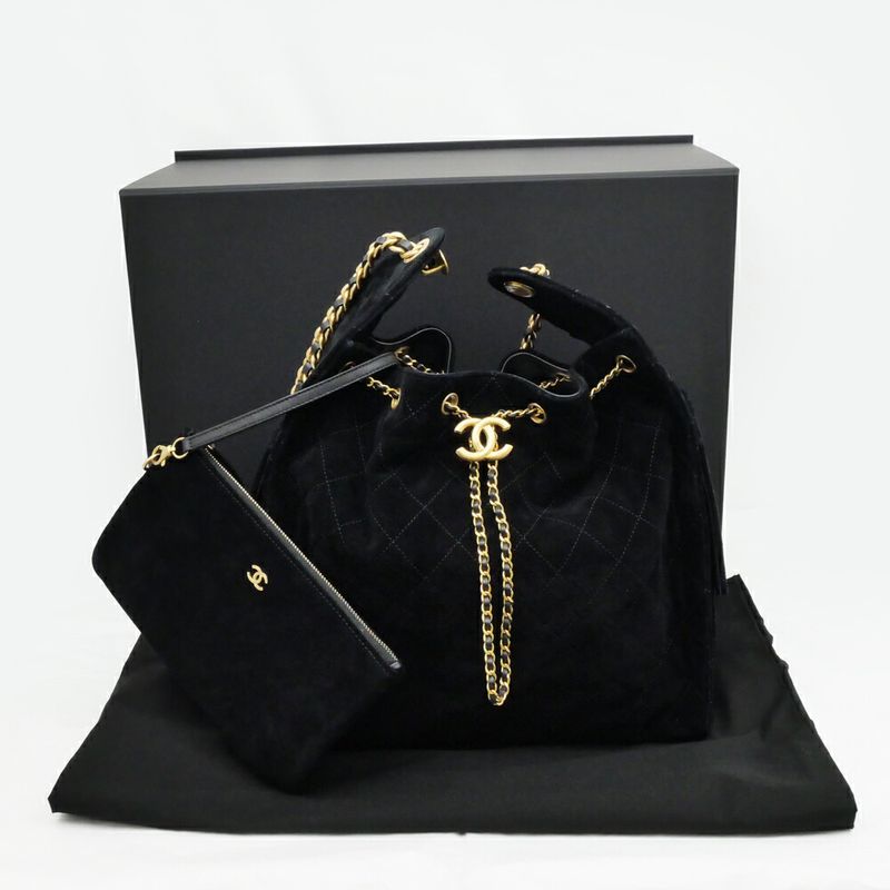 Chanel 25 Medium Handbag As5311 Black Gold Hardware Suede Drawstring