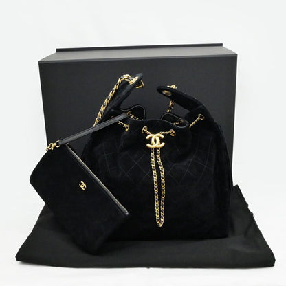 Chanel 25 Medium Handbag As5311 Black Gold Hardware Suede Drawstring