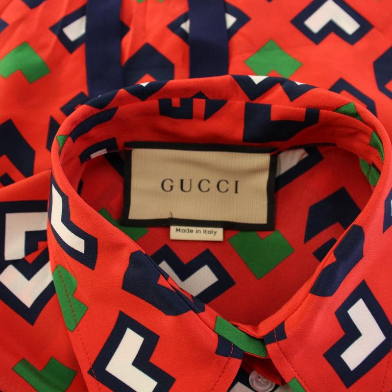 Gucci Printed Tie Neck Silk Blouse Shirt Long Sleeve 36 Red 741337 KH